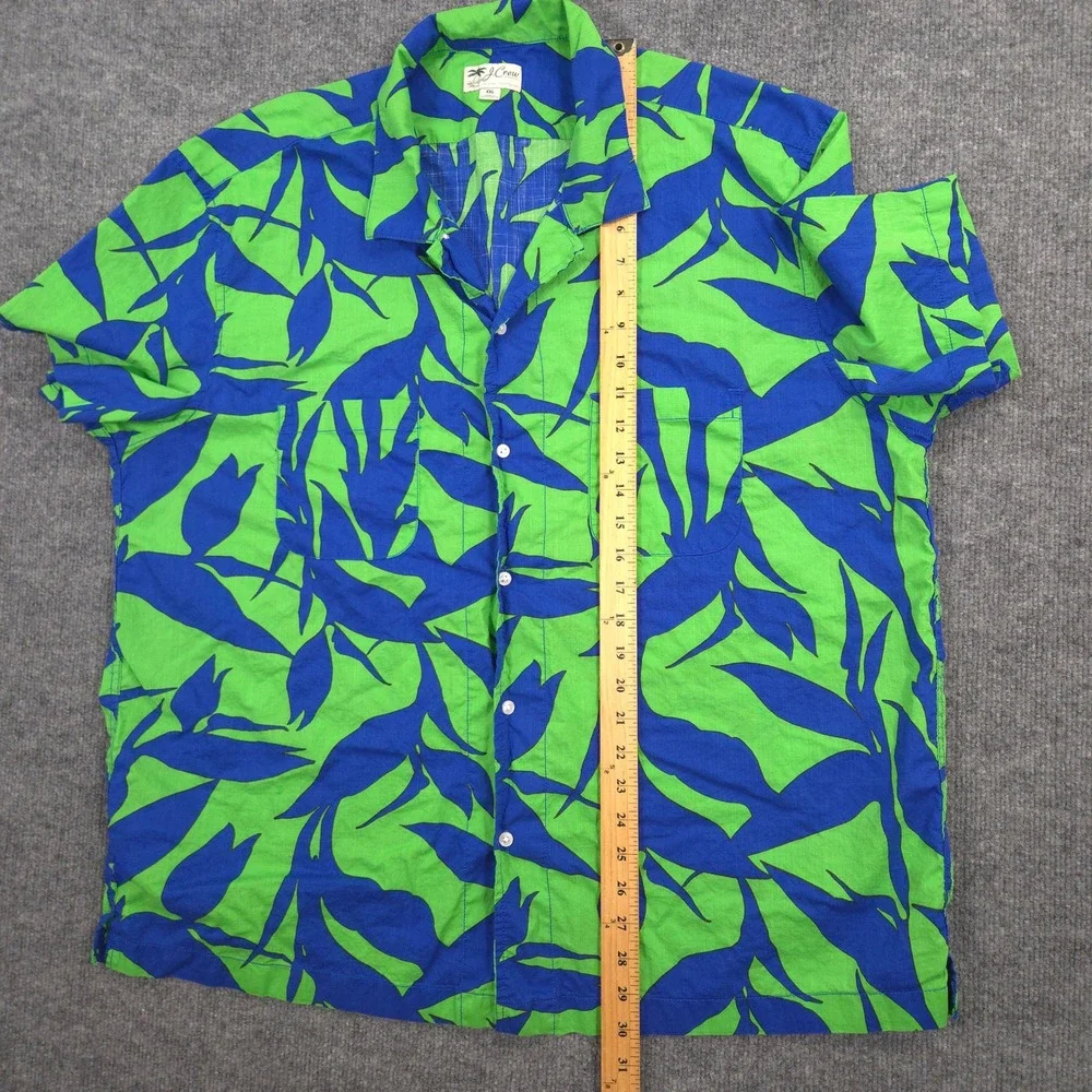 J Crew Camp Shirt Mens XXL Green Blue Floral AOP Slub Cotton Loop Collar Resort